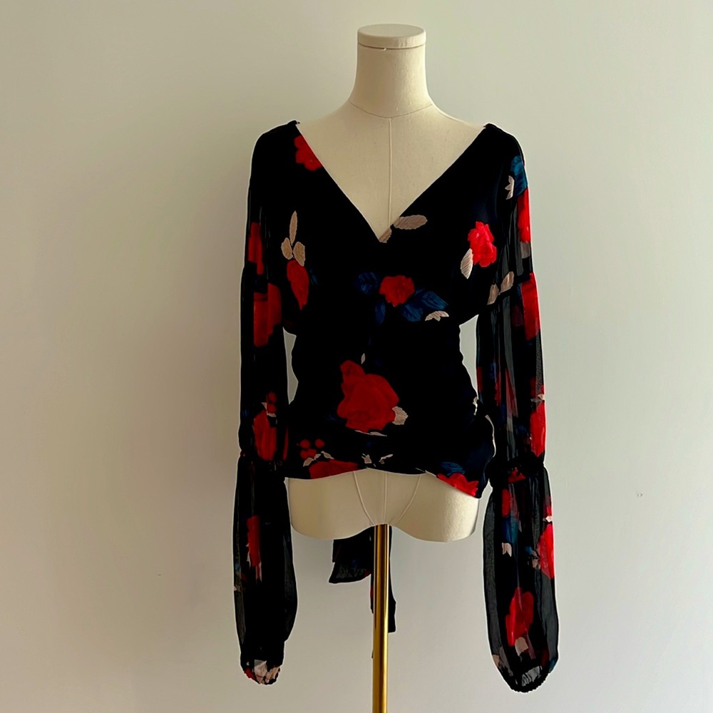 Club Monaco Silk Floral Blouse with Puff Sleeve (L)